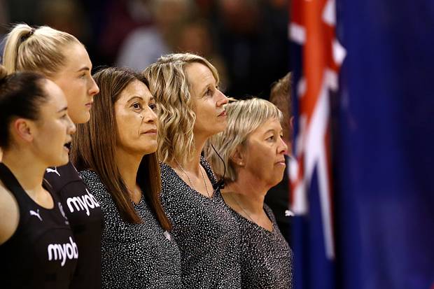 Noeline Taurua, head coach of the New Zealand Silver Ferns, looks on during the national anthems. Photo / Getty