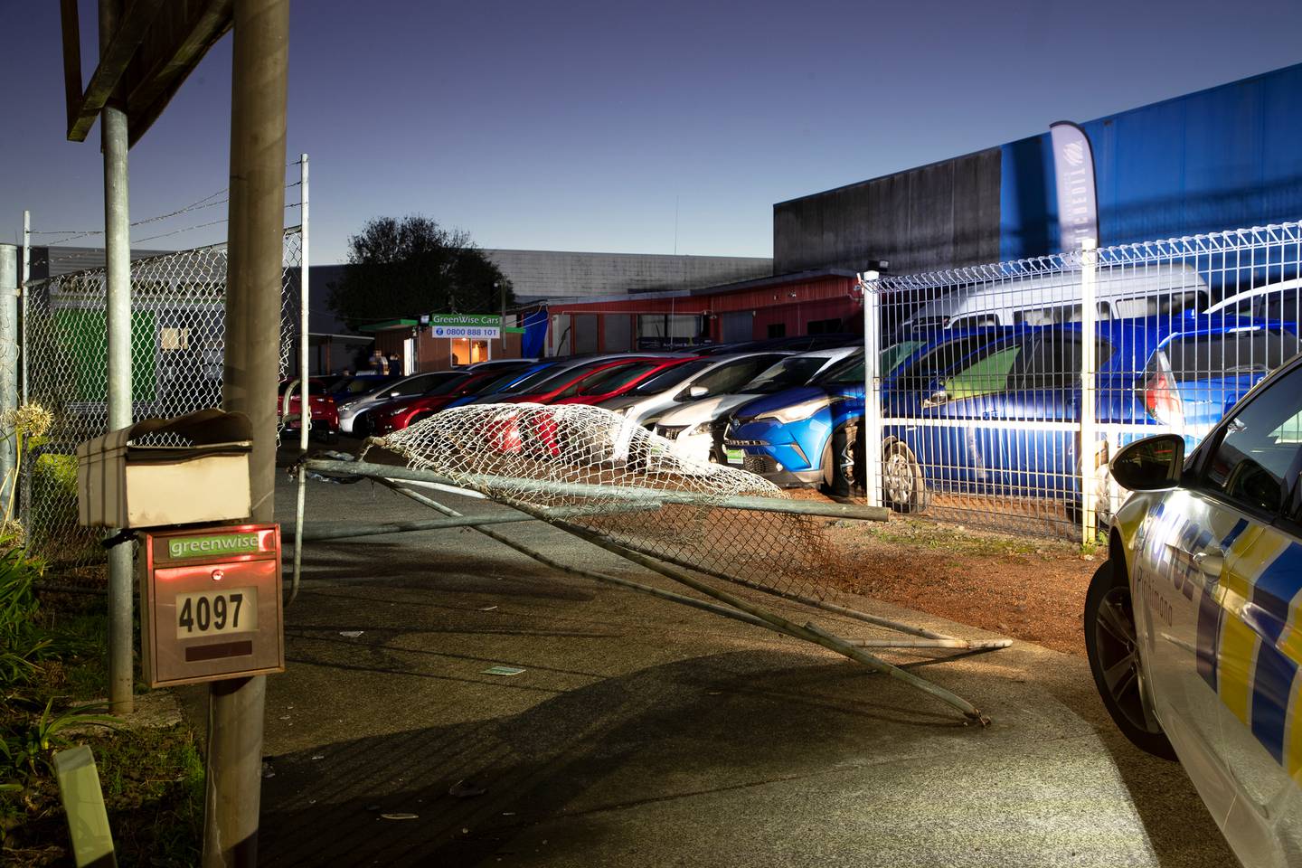 A car yard in Glen Eden was ram raided in the early hours of this morning. Photo / Hayden Woodward