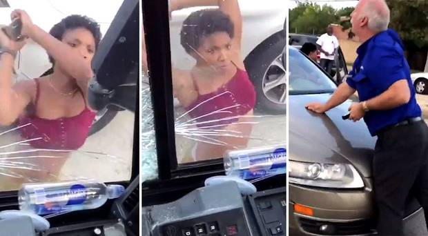 Police have arrested a woman who smashed the windows of a stopped bus involved in a road rage incident on Thursday. Photo / Twitter