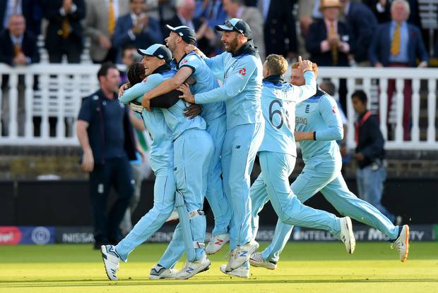 England celebrate after claiming the World Cup after a dramatic super over victory over New Zealand. Photo / Getty