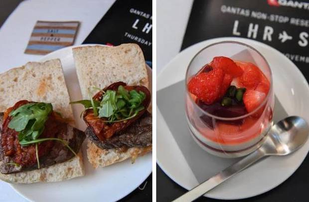 Carb-heavy meals like steak sandwiches were served up, (left), and then followed by a creamy dessert. Photos / Qantas via AP