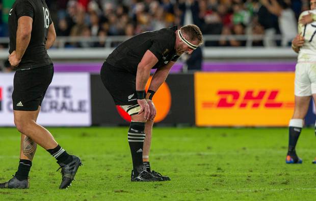 All Blacks captain Kieran Read hunched over in defeat. Photo / Mark Mitchell