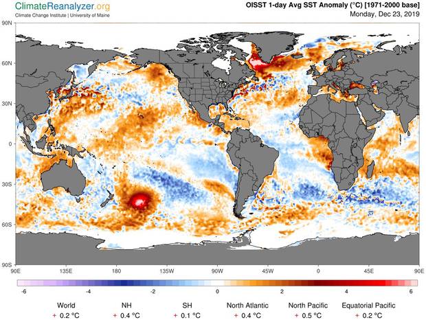 The patch, or blob, of hot water is a bit too far off the New Zealand coast for Kiwis to feel its benefits, but it is 