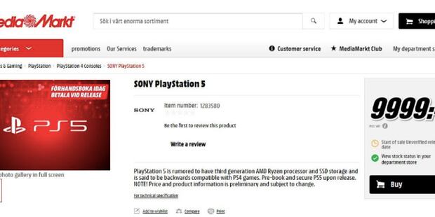 Tangkapan layar pre-order PlayStation 5 di MediaMarket