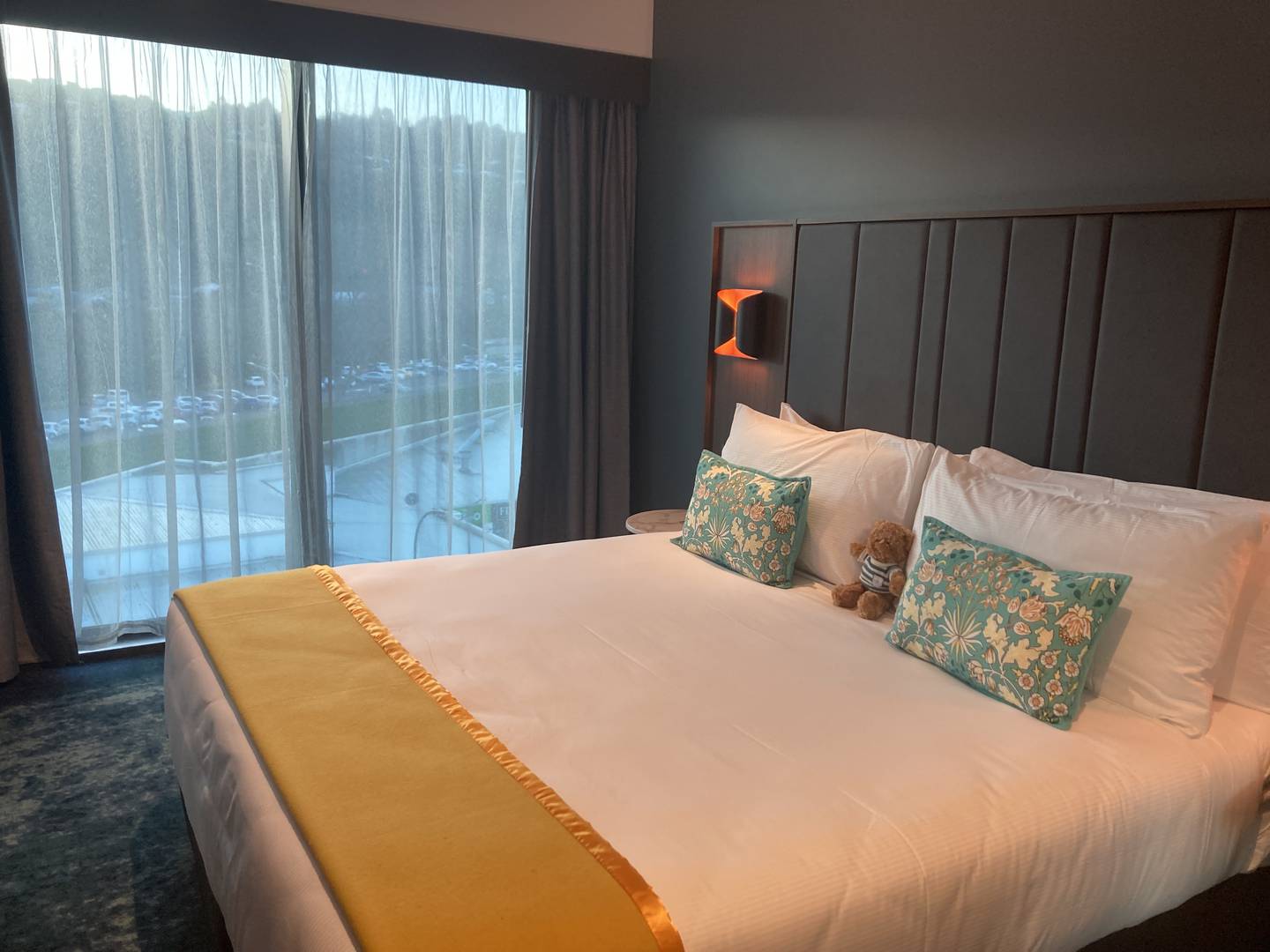 A view of the bedroom in the river view suite at the Sebel Wellington Lower Hutt. Photo / Melissa Nightingale