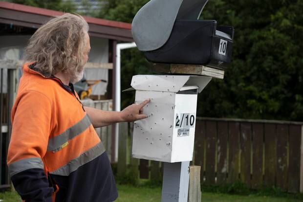 Pellet marks are seen on the letterbox. Photo / Brett Phibbs