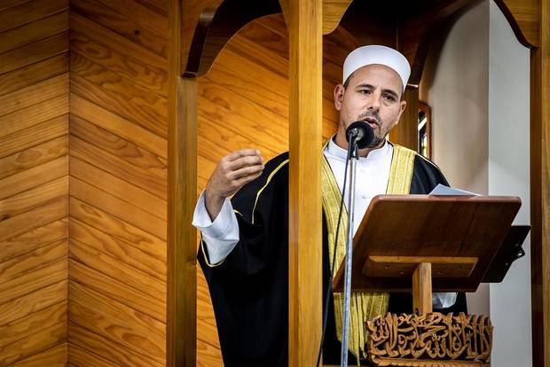 Al Noor Mosque Imam Gamal Fouda conducts Friday prayers. Photo / Mike Scott