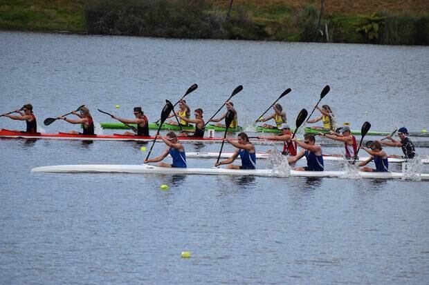 Whanganui paddlers (blue) Lucas Thompson, left, Jack Clifton, Archie Tonks and Cameron Russell destroyed their rivals when winning the u18 K4 200m at the Sprint Kayak Nationals at the weekend.