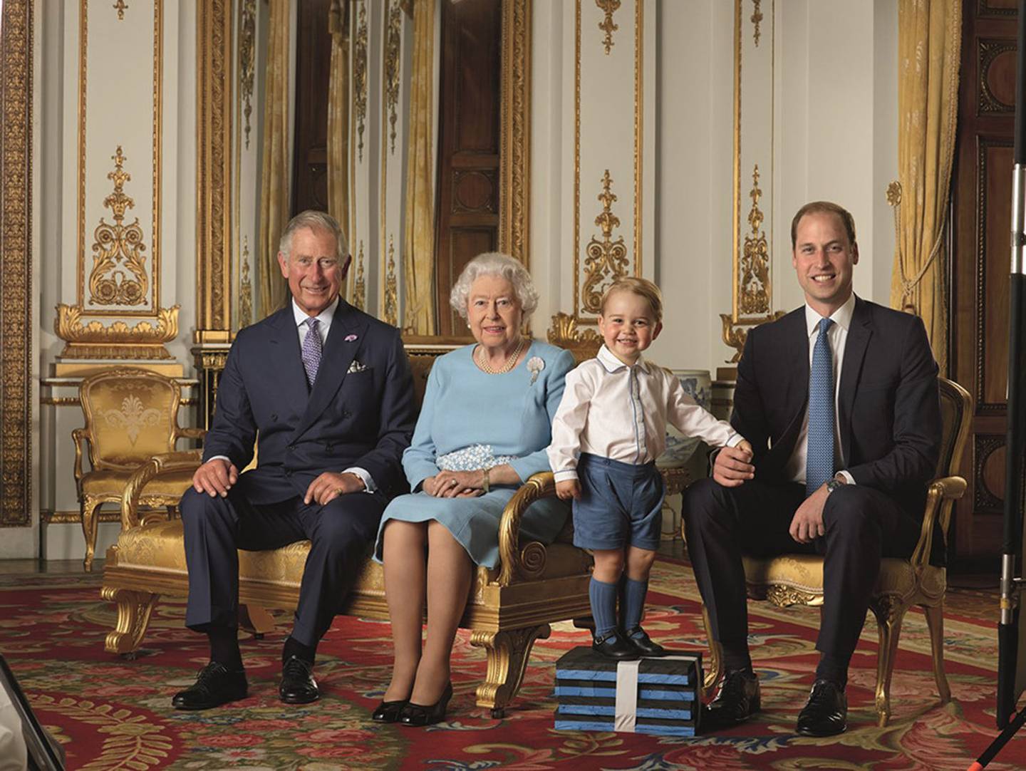 Present, past and future monarch six years ago: King Charles III, the late Queen Elizabeth II, Prince William and his oldest child, George. Photo / Royal Mail.
