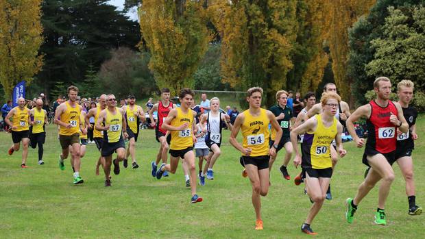 .The field sorts itself out at the start of the men's relay at the annual Wanganui Harrier Club Anzac Day meet at Lakelands. Photo / Tanysha-Rochelle Jones