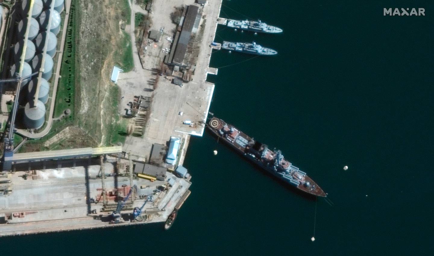 This satellite image provided by Maxar Technologies shows cruiser Moskva in port Sevastopol in Crimea on April 7, 2022. Photo / AP