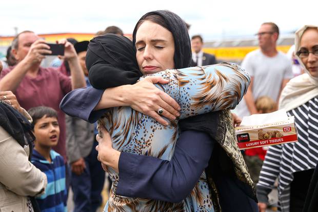  Prime Minister Jacinda Ardern hugs a mosque-goer at the Kilbirnie Mosque on March 17