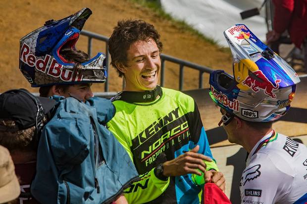 Sam Blenkinsop has a laugh after winning the Crankworx Rotorua Downhill last year. Photo / Getty Images