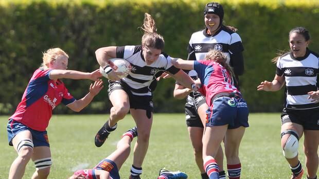 Tuis winger Felicity Powdrell leaps through the Tasman Mako defence during yesterday's win. Photo/Duncan Brown