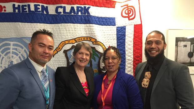 From left, musician Billy Te Kahika, United Nations Development Programme head and former Prime Minister Helen Clark, Northlander Tui Shortland and Paora Te Hurihanganui, from Rotorua, at the UN, where the trio pitched their plan to bring the World Indigenous Festival to New Zealand in 2019.