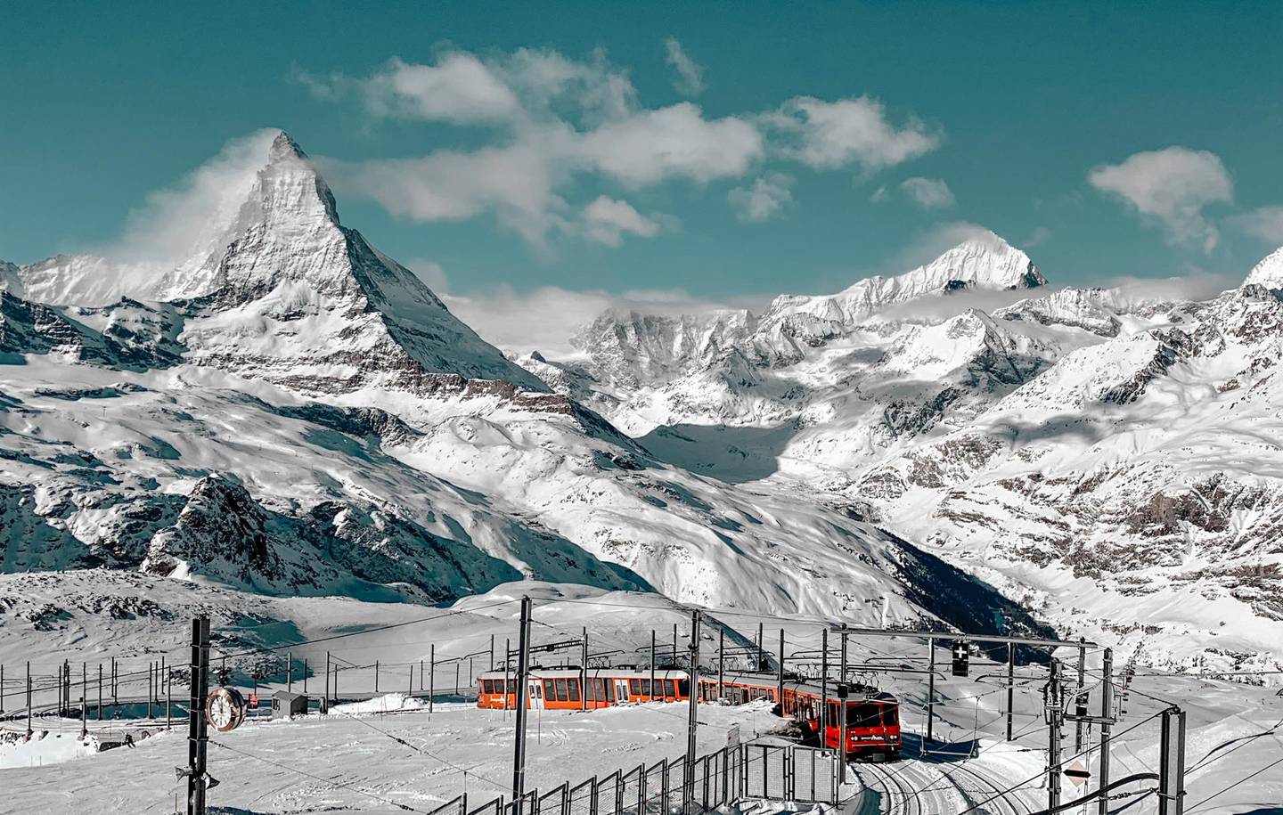 The Swiss Gornergrat Cog Railway in Zermatt with the Matterhorn in the distance. Photo / Victor He, Unsplash