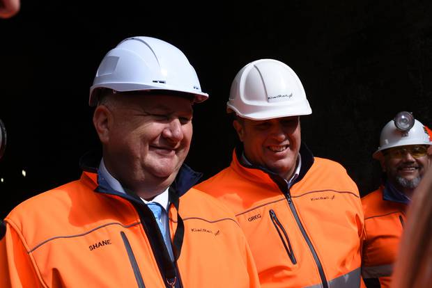 Shane Jones, left, and Greg Miller at the mouth of the first tunnel, north of Kaupapapa, to be upgraded. Photo / Niall Robertson