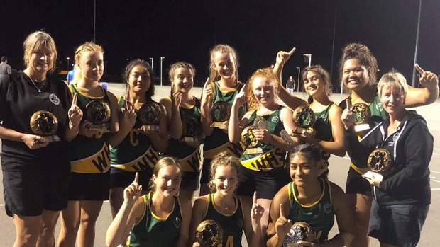 The Whanganui High School Gold team, flanked by co-coaches Lisa Murphy (left) and Kim Flower, went through unbeaten to win the U18 title on debut at the International Netball Festival Gold Coast in Australia last week.