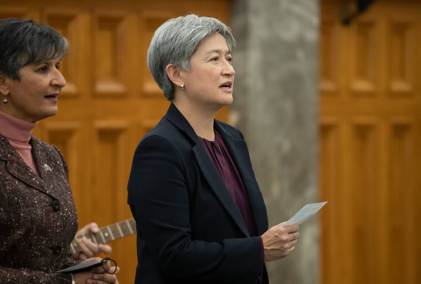 Australian Foreign Minister Penny Wong singing a waiata at Parliament. Photo / Mark Mitchell