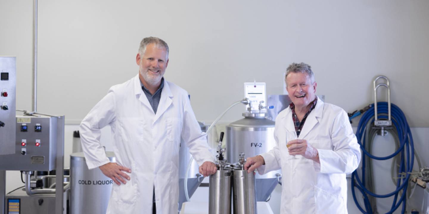 Kerry Templeton and Dr Ron Beatson in Plant & Food Research’s pilot brewery. Photo / Supplied.