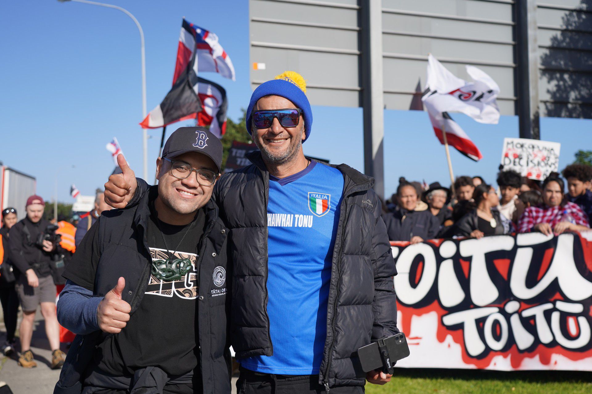 Māori ward councillor Mikaere Sydney and his uncle Hemi Rolleston at the Tauranga Moana Te Tiriti hīkoi in May last year. Photo / Supplied