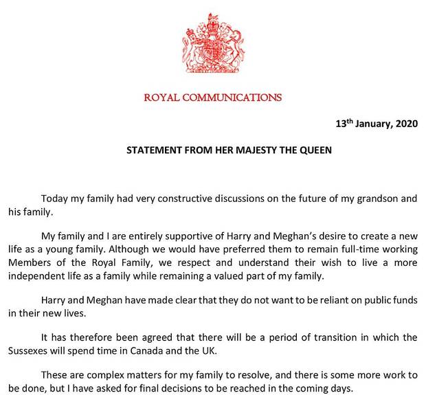 The official statement released by the Queen on Monday. Photo / Royal Communications 