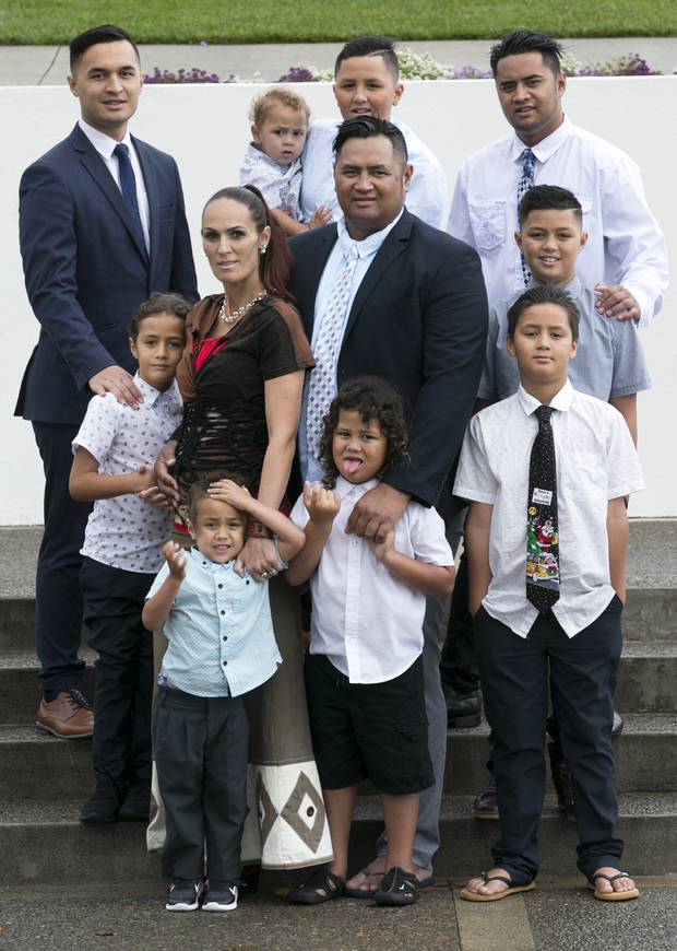 Parents Nga Tangata and Lady-Joe TangataTerekia surrounded by their 10 sons. Photo / Alan Gibson