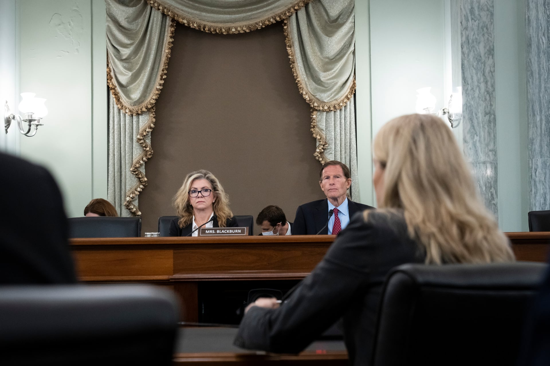 Subcommittee ranking member Marsha Blackburn and chairman Richard Blumenthal listen during a Senate Committee on Commerce, Science, and Transportation hearing. Photo / Drew Angerer, Pool via AP