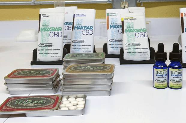 Products containing cannabidiol, or CBD, on display at Unique Food Works, a state-licensed hemp handling facility in Salem, Oregon. Photo / AP 