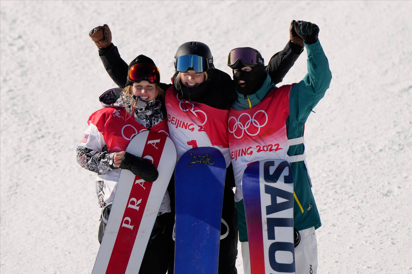 Julia Marino, Zoi Sadowski Synnott and Tess Coady celebrate after the women's slopestyle finals. Photo / AP