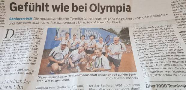 The New Zealand tennis team featured in a German newspaper during the ITF Senior Tennis World Championships. Photo / Supplied