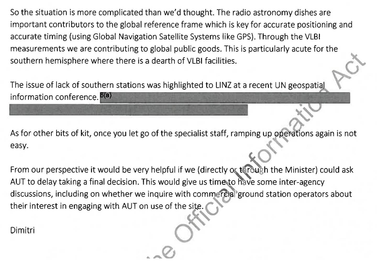 Un e-mail envoyé par Dimitri Gidelberg, responsable de l'équipe de politique spatiale du MBIE, en août.