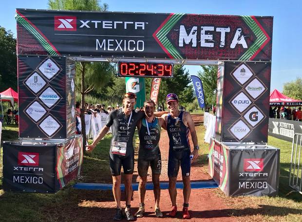 Xterra Mexico winner Sam Osborne (centre) with second placed Karsten Madsen (left) and third placed Branden Rakita. Photo / Supplied