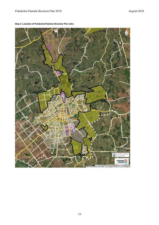 The Pukekohe-Paerata structural plan area where 12,500 new homes are planned in the next 30 years. Map / Auckland Council