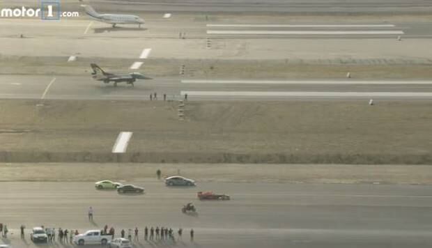Five drivers raced alongside each other on a 400 metre runway as the fighter jet and private jet took off next to them at Istanbul's new international airport.