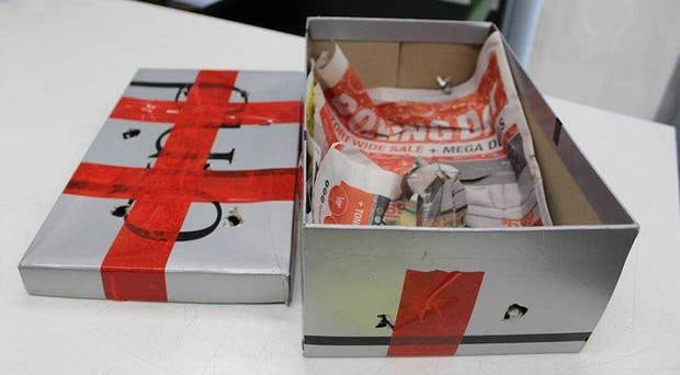 The box the kitten was found inside after being tossed out the window of a moving car. Photo / Supplied