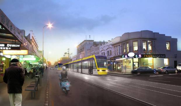 An artist's impression of light rail running down Dominion Rd to Auckland airport. Image / Auckland Transport