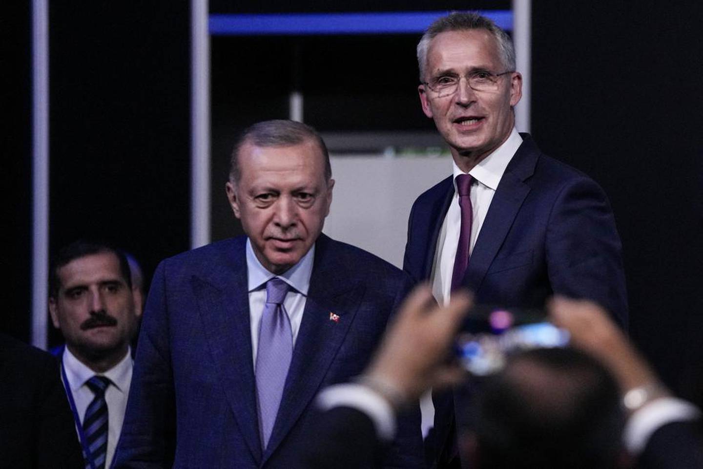 Turkish President Recep Tayyip Erdogan, second left, and NATO Secretary General Jens Stoltenberg.  Photo / AP