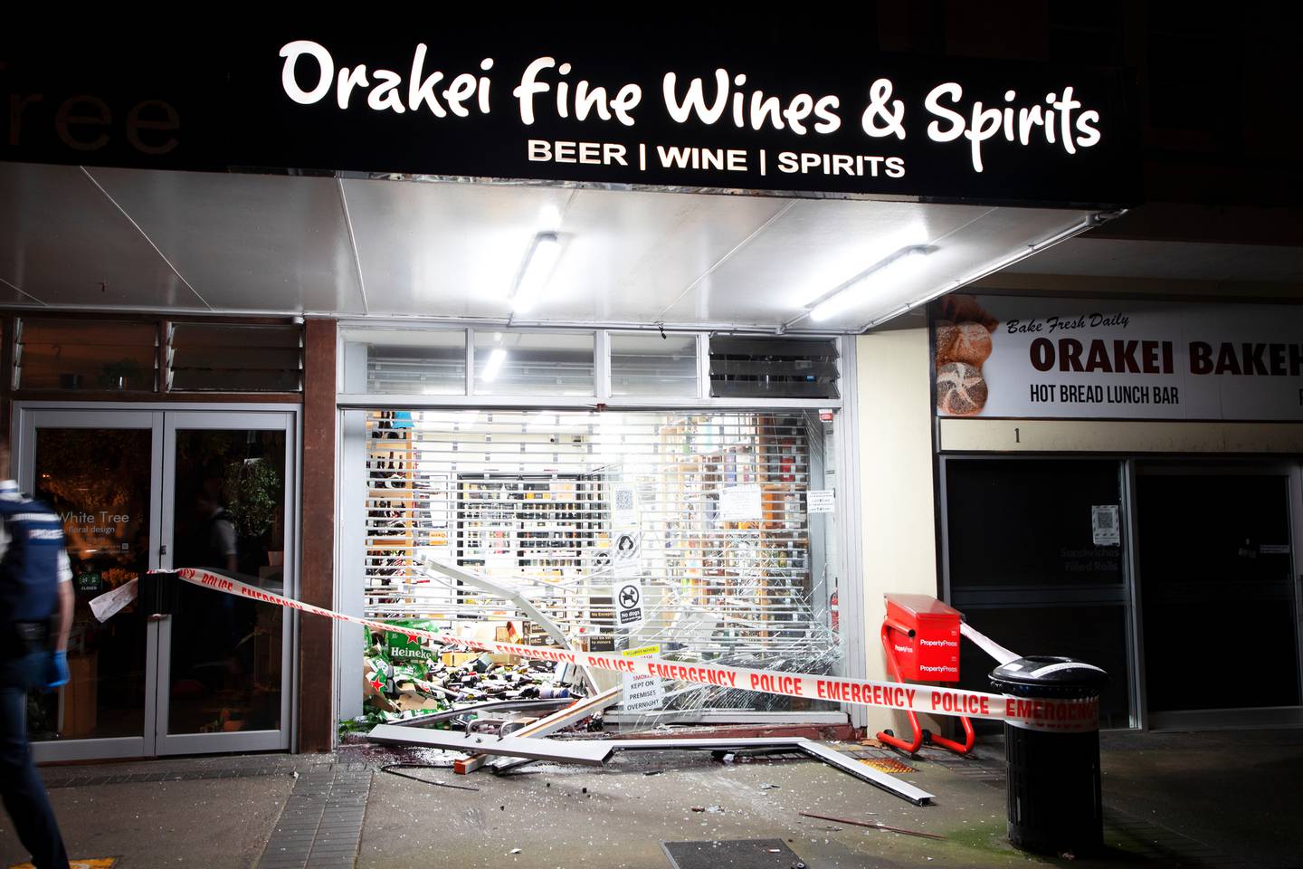 The Ōrākei Fine Wines & Spirits liquor store was targeted by ram-raid thieves overnight. Photo / Hayden Woodward