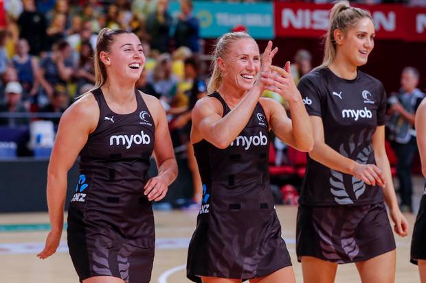 The Silver Ferns celebrate after beating the Australian Diamonds. Photo / Photosport