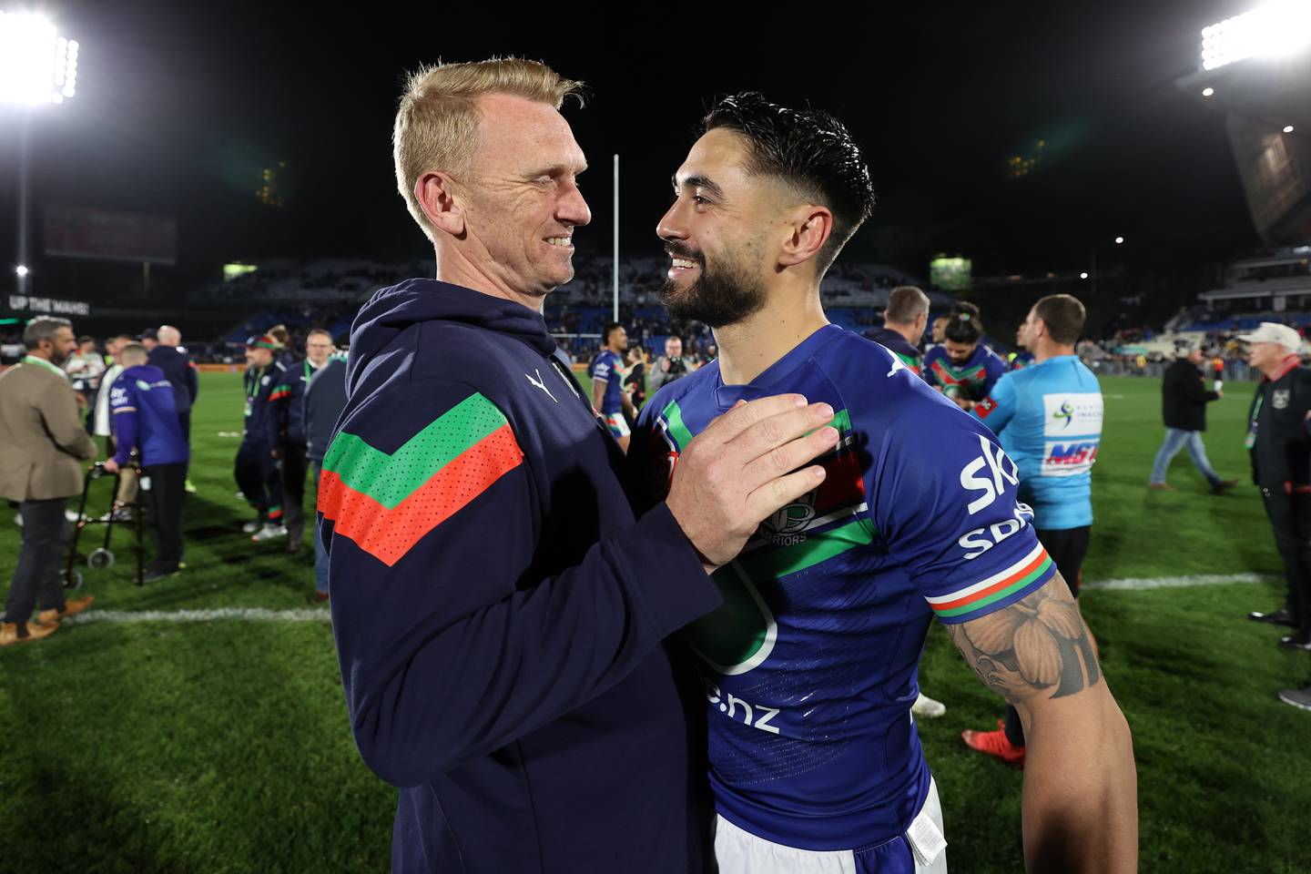Andrew Webster and playmaker Shaun Johnson. Photo / Getty Images