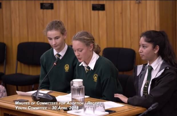 Whanganui youth committee members (from left) Helena Hazelhurst, Ara Molijn and Rhea Colaabavala report to June's Whanganui District Council meeting.