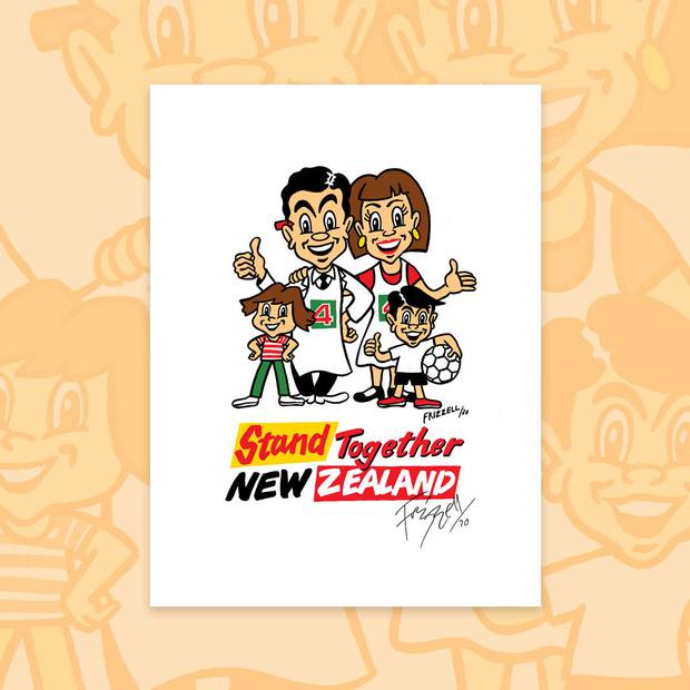 Artist Dick Frizzell has brought back Mr Four Square - and his wife and kids - to raise money for charity. Photo / Supplied