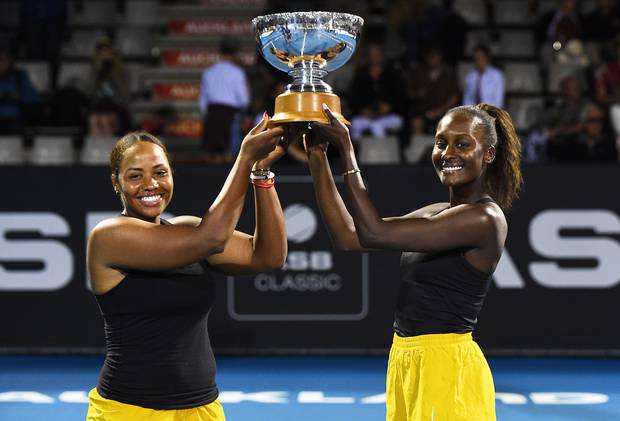 United States players Taylor Townsend and Asia Muhammad with the ASB doubles Trophy after beating Serena Williams and Caroline Wozniacki. Photosport