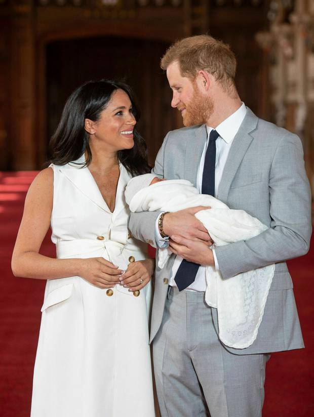 Britain's Prince Harry and Meghan, Duchess of Sussex, during a photocall with their newborn son. Photo / AP