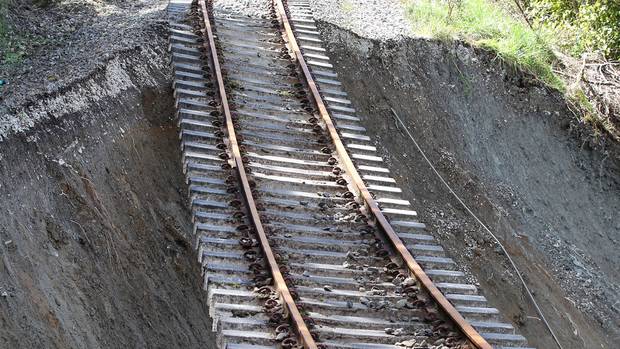 The washout which has delayed the reopening of the Napier to Wairoa railway line. PHOTO/FILE.