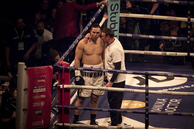 Joseph Parker gets a word from trainer Kevin Barry during his world title boxing fight against Anthony Joshua at at Principality Stadium, Cardiff. Photo / Dean Purcell