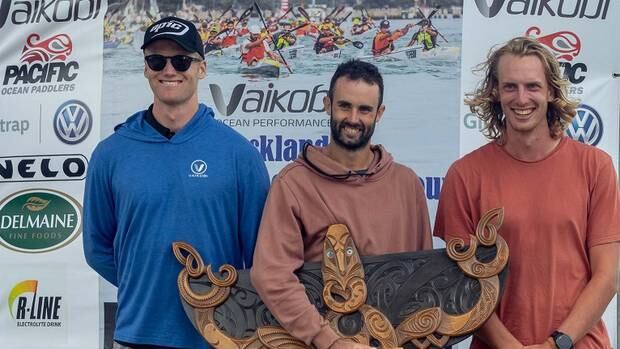 Whanganui paddler Toby Brooke, right, finished third overall behind winner Andy Mowlem and Sam Mayhew in the Vaikobi King and Queen of the Harbour ocean race in Auckland at the weekend.