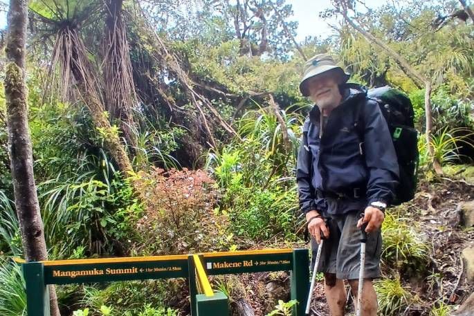 Duncan Smith, 79, at the Makene Rd Junction on Te Araroa Trail.