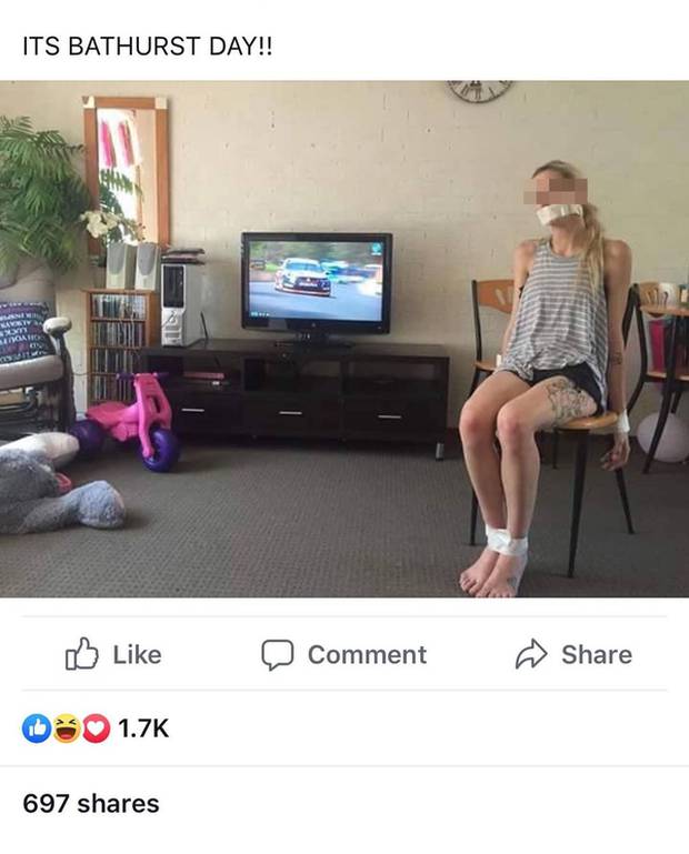 An Australian car fan page shared a photo of a woman sitting on a chair with her legs, hands and mouth strapped up along with the caption 